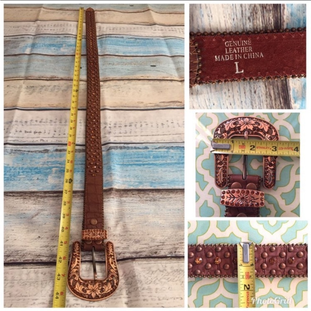 Womens Western Leather Belt Buckle Studded Cowgirl Brown Size Large - Picture 7 of 12
